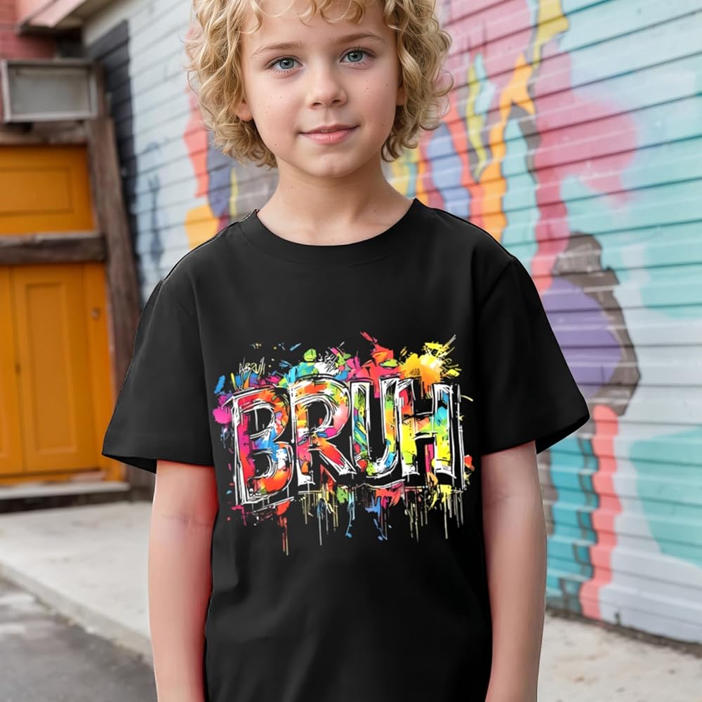Boys Bruh Shirt Funny Saying T-Shirts for Kids Athletic Graffiti Graphic Tshirt Cool Street Art Letter Printed Tee Top