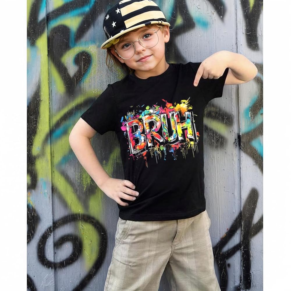 Boys Bruh Shirt Funny Saying T-Shirts for Kids Athletic Graffiti Graphic Tshirt Cool Street Art Letter Printed Tee Top